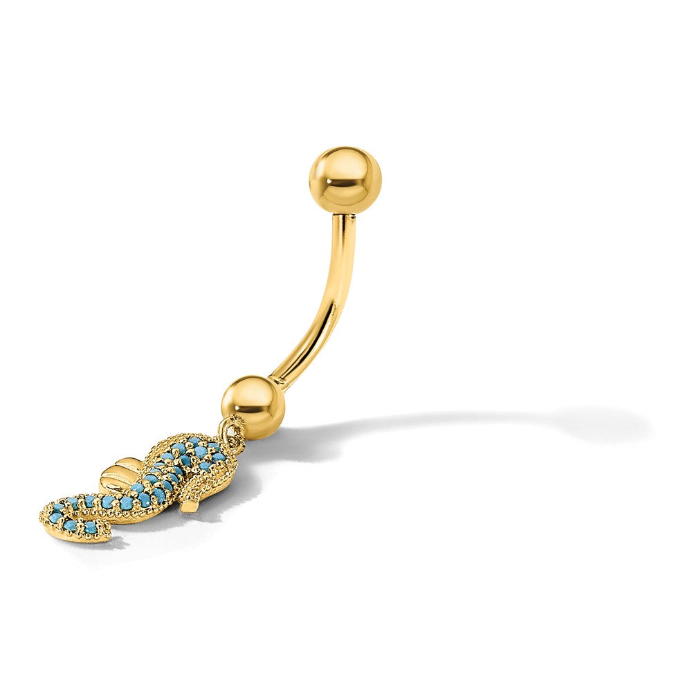 14K Yellow Gold Polished Blue CZ Seahorse Dangle Navel/belly Ring