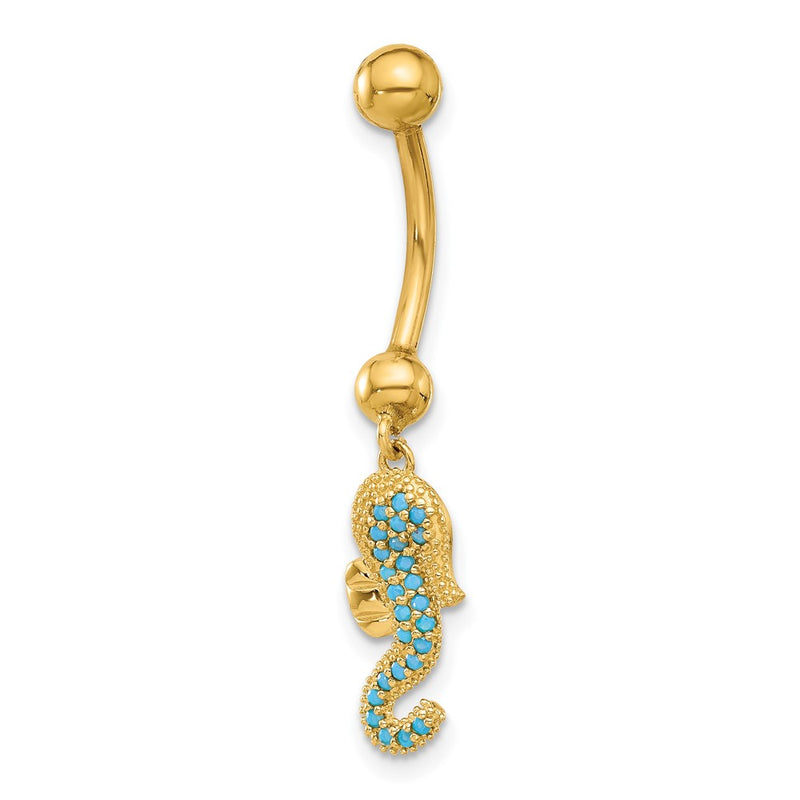 14K Yellow Gold Polished Blue CZ Seahorse Dangle Navel/belly Ring