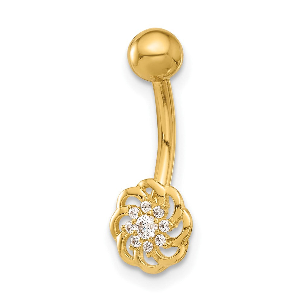 14K Yellow Gold Polished CZ Flower Navel/belly Ring