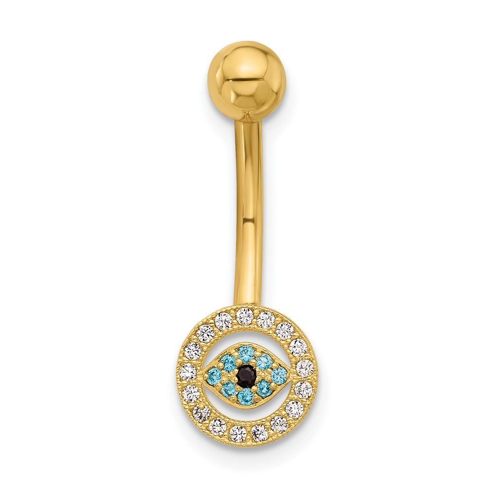 14K Yellow Gold Polished Multi-Color CZ Evil Eye Navel/belly Ring