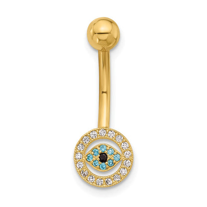 14K Yellow Gold Polished Multi-Color CZ Evil Eye Navel/belly Ring