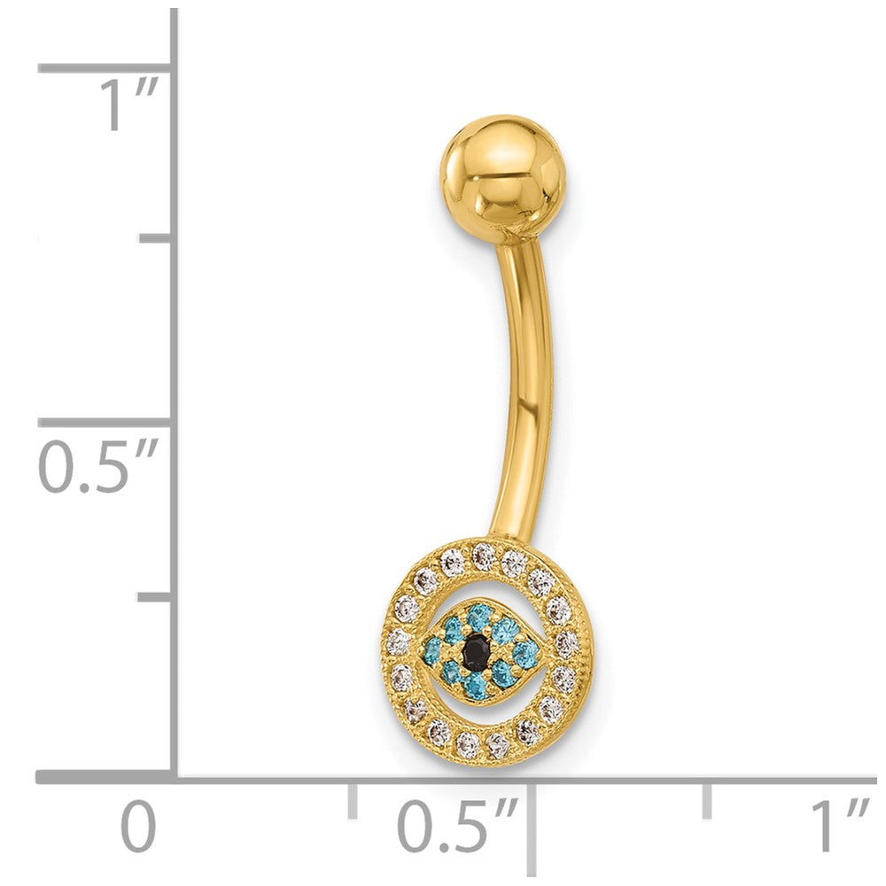 14K Yellow Gold Polished Multi-Color CZ Evil Eye Navel/belly Ring