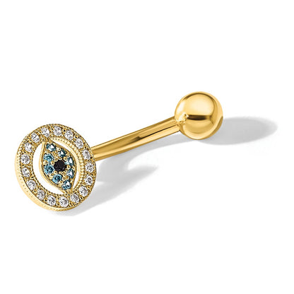 14K Yellow Gold Polished Multi-Color CZ Evil Eye Navel/belly Ring