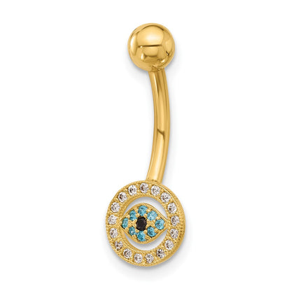 14K Yellow Gold Polished Multi-Color CZ Evil Eye Navel/belly Ring