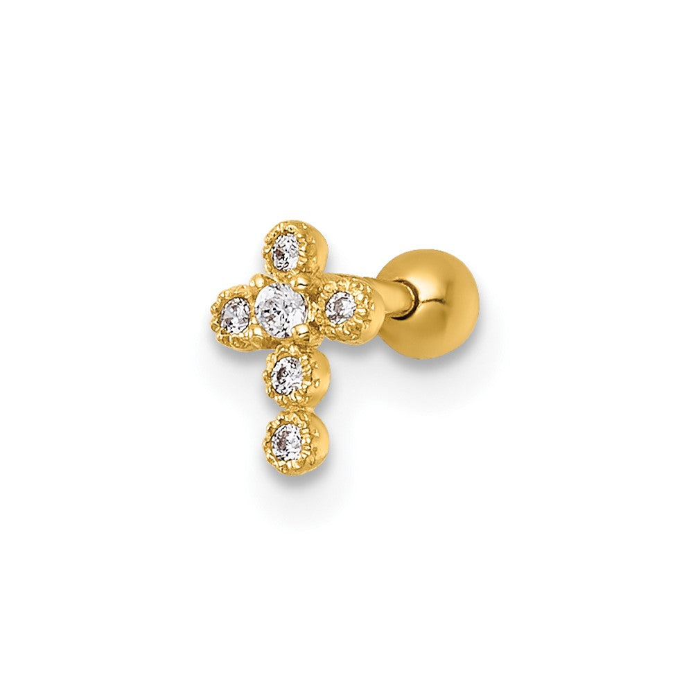 14K Yellow Gold Polished CZ Cross Labret Stud