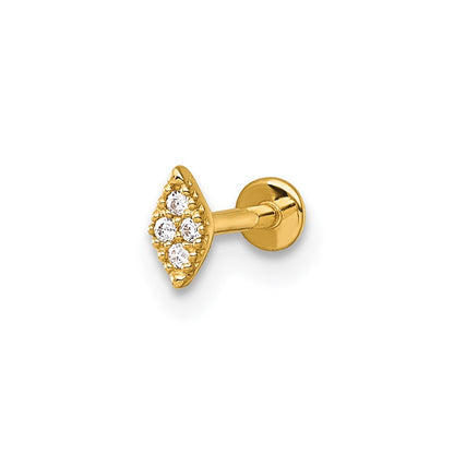 14K Yellow Gold Polished and Textured CZ Navette Labret Stud