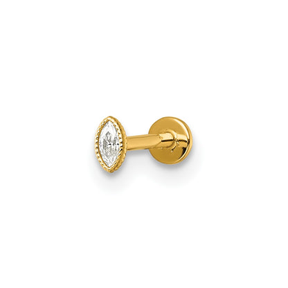 14K Yellow Gold Polished and Textured Marquise-Cut CZ Labret Stud