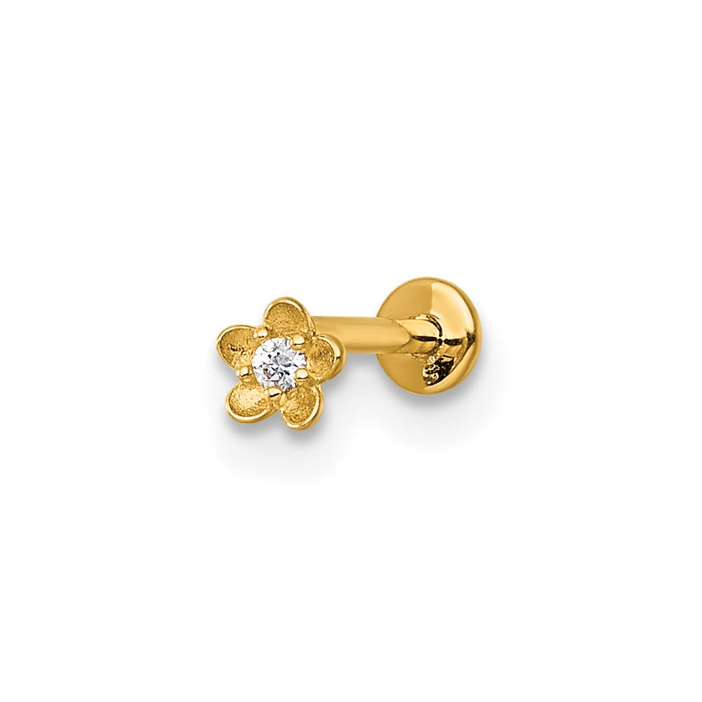 14K Yellow Gold Polished and Satin CZ Flower Labret Stud