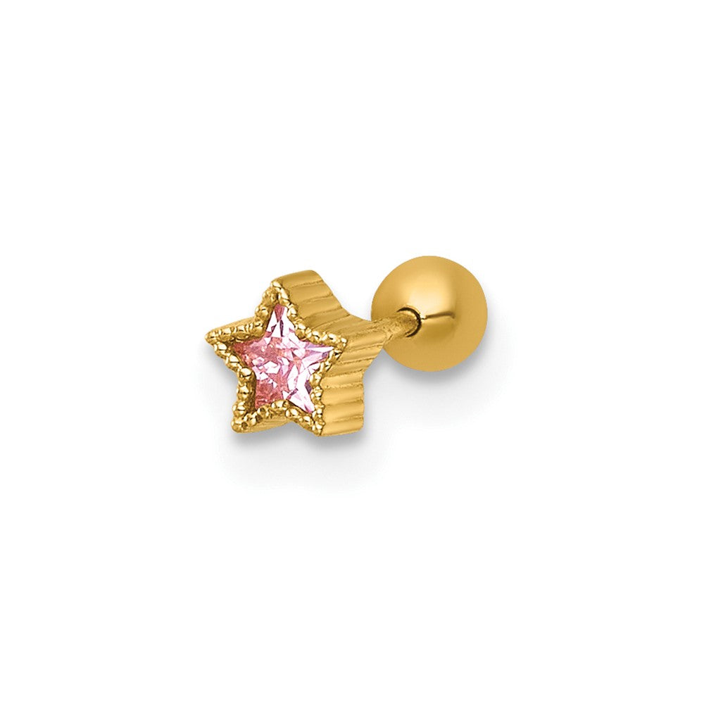14K Yellow Gold Polished and Beaded Pink CZ Star Labret Stud