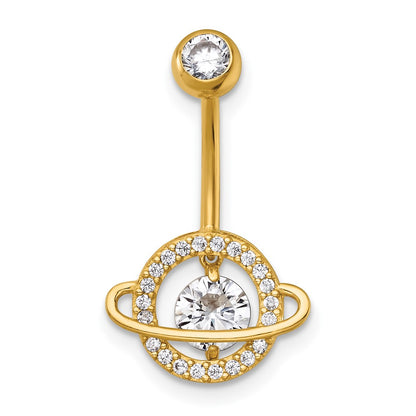 14K Yellow Gold Polished Vibrant CZ Saturn/planet Navel Ring