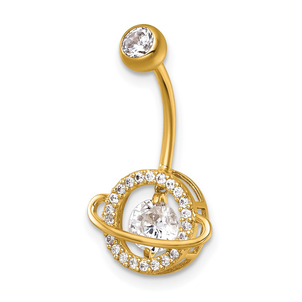 14K Yellow Gold Polished Vibrant CZ Saturn/planet Navel Ring