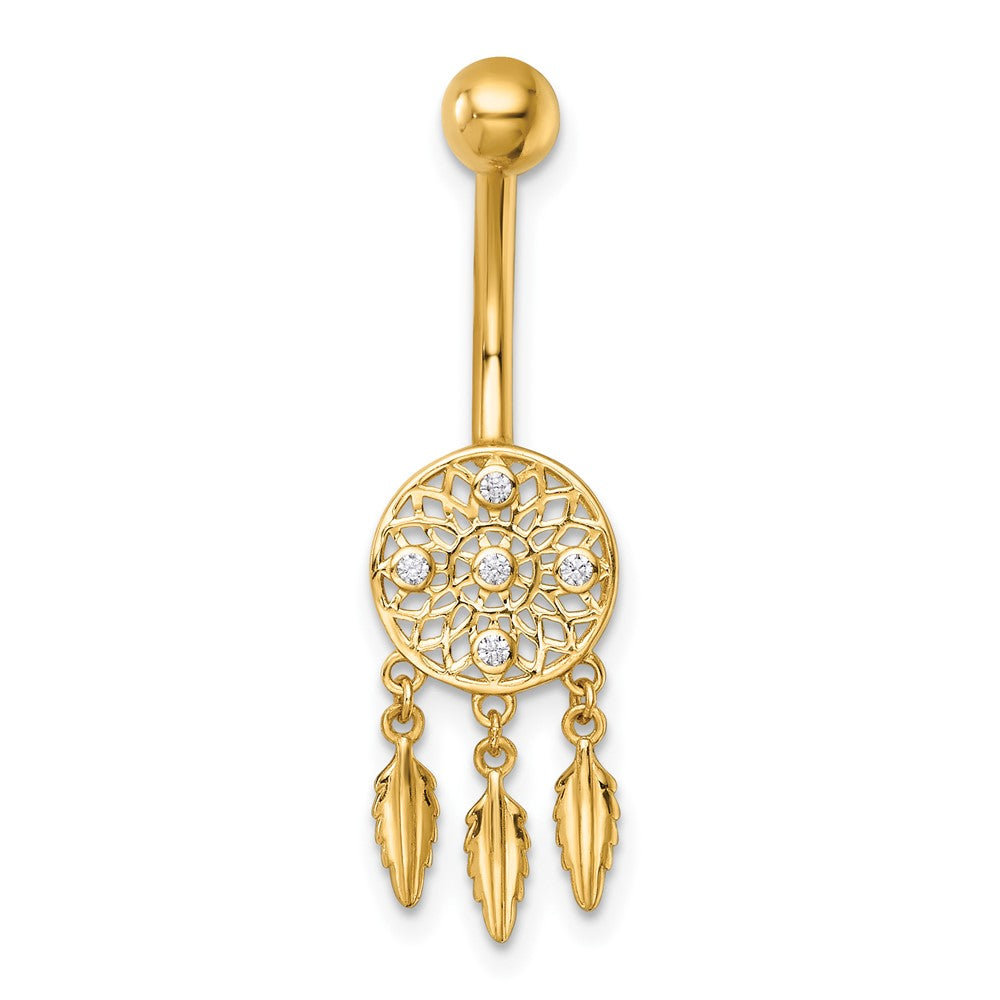 14K Yellow Gold Polished CZ Dream Catcher Navel Ring