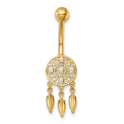 14K Yellow Gold Polished CZ Dream Catcher Navel Ring