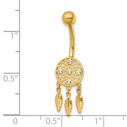 14K Yellow Gold Polished CZ Dream Catcher Navel Ring
