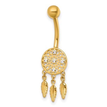 14K Yellow Gold Polished CZ Dream Catcher Navel Ring