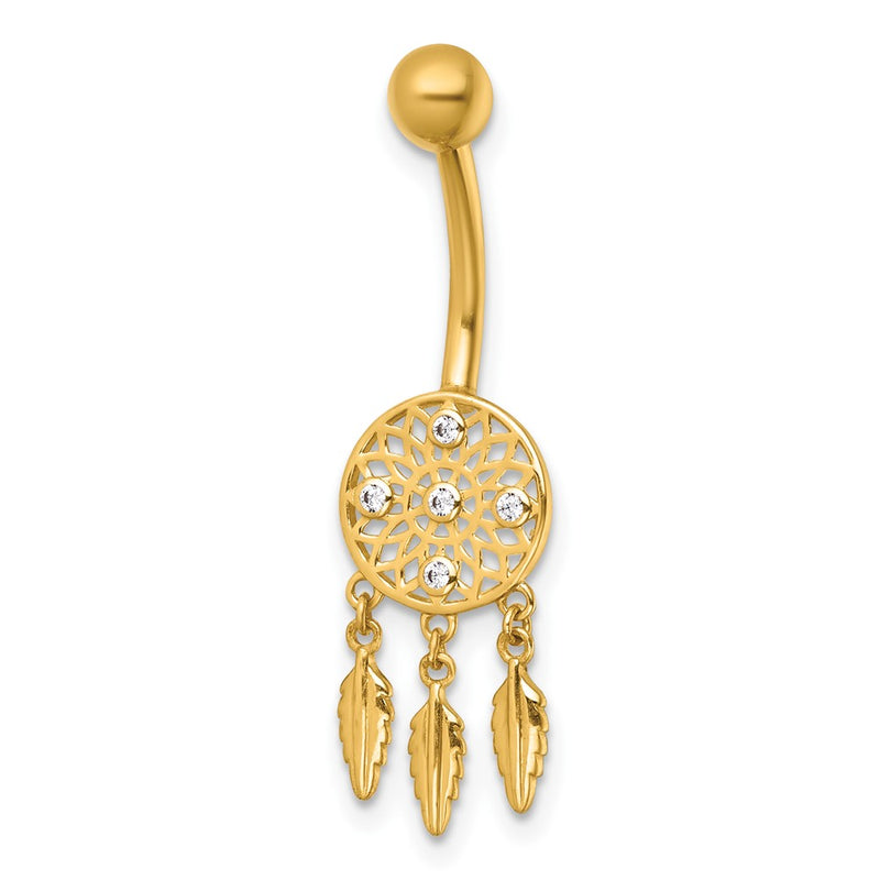 14K Yellow Gold Polished CZ Dream Catcher Navel Ring