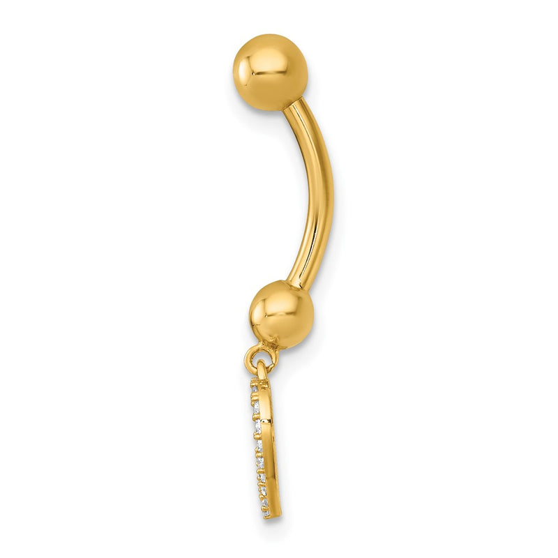 14K Yellow Gold Polished CZ Dangling Open Heart Navel Ring
