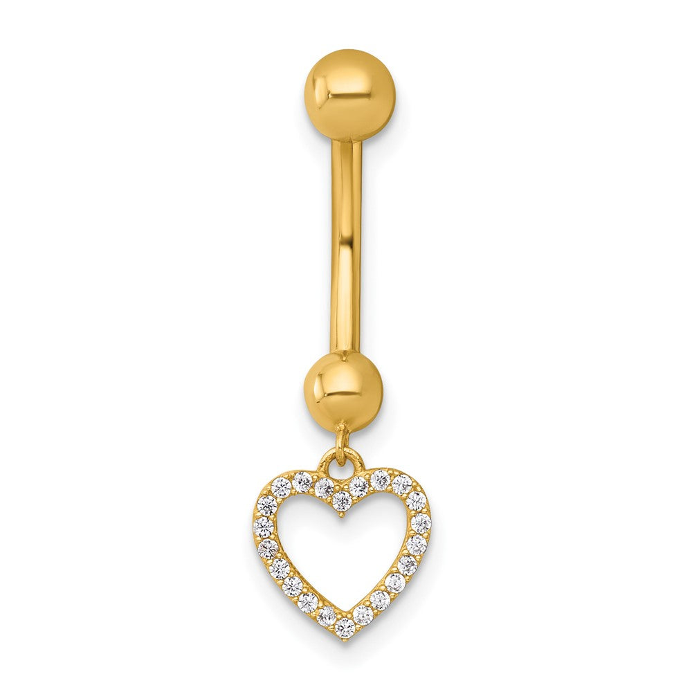 14K Yellow Gold Polished CZ Dangling Open Heart Navel Ring