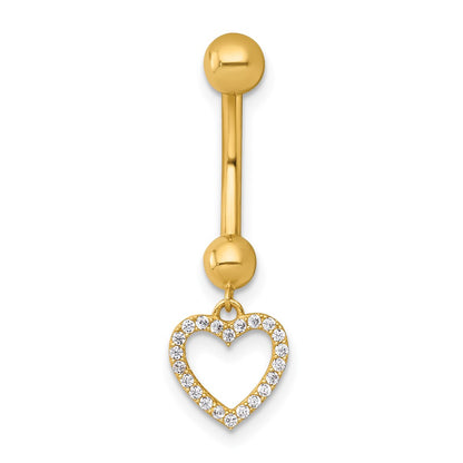 14K Yellow Gold Polished CZ Dangling Open Heart Navel Ring