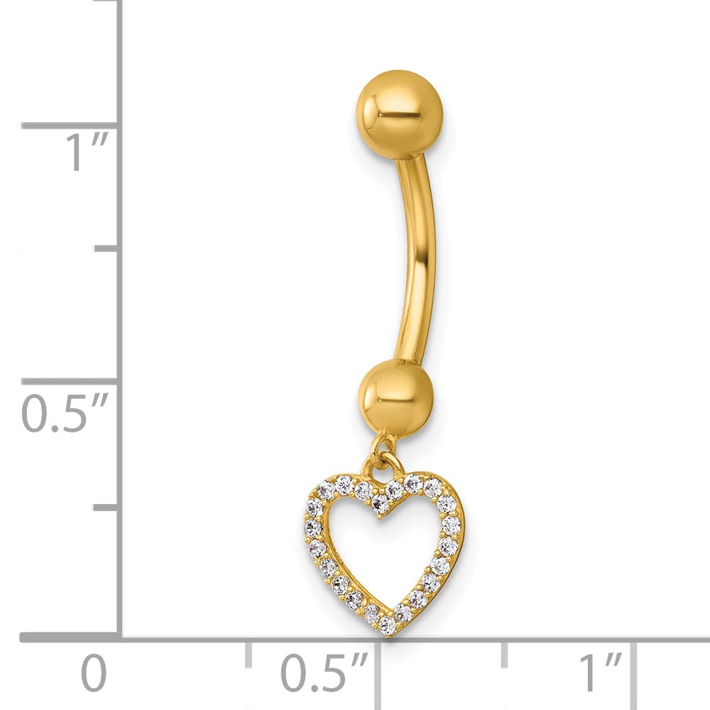 14K Yellow Gold Polished CZ Dangling Open Heart Navel Ring