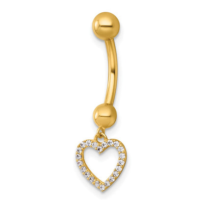 14K Yellow Gold Polished CZ Dangling Open Heart Navel Ring