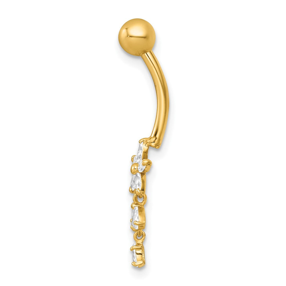 14K Yellow Gold Polished CZ Dangling Flower Navel Ring