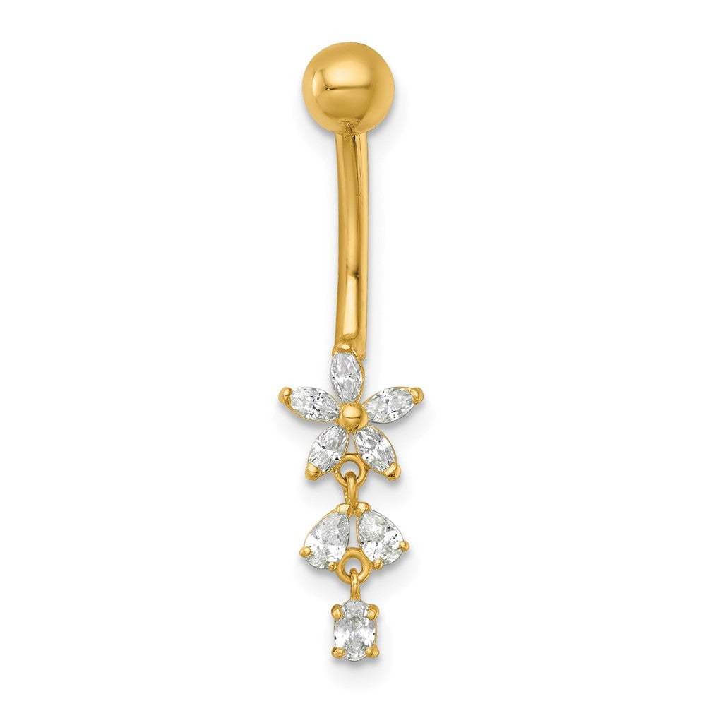 14K Yellow Gold Polished CZ Dangling Flower Navel Ring