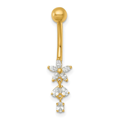 14K Yellow Gold Polished CZ Dangling Flower Navel Ring