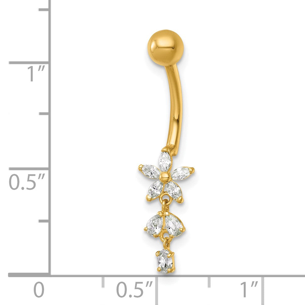 14K Yellow Gold Polished CZ Dangling Flower Navel Ring