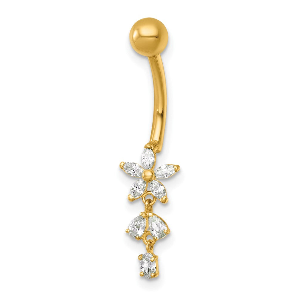 14K Yellow Gold Polished CZ Dangling Flower Navel Ring