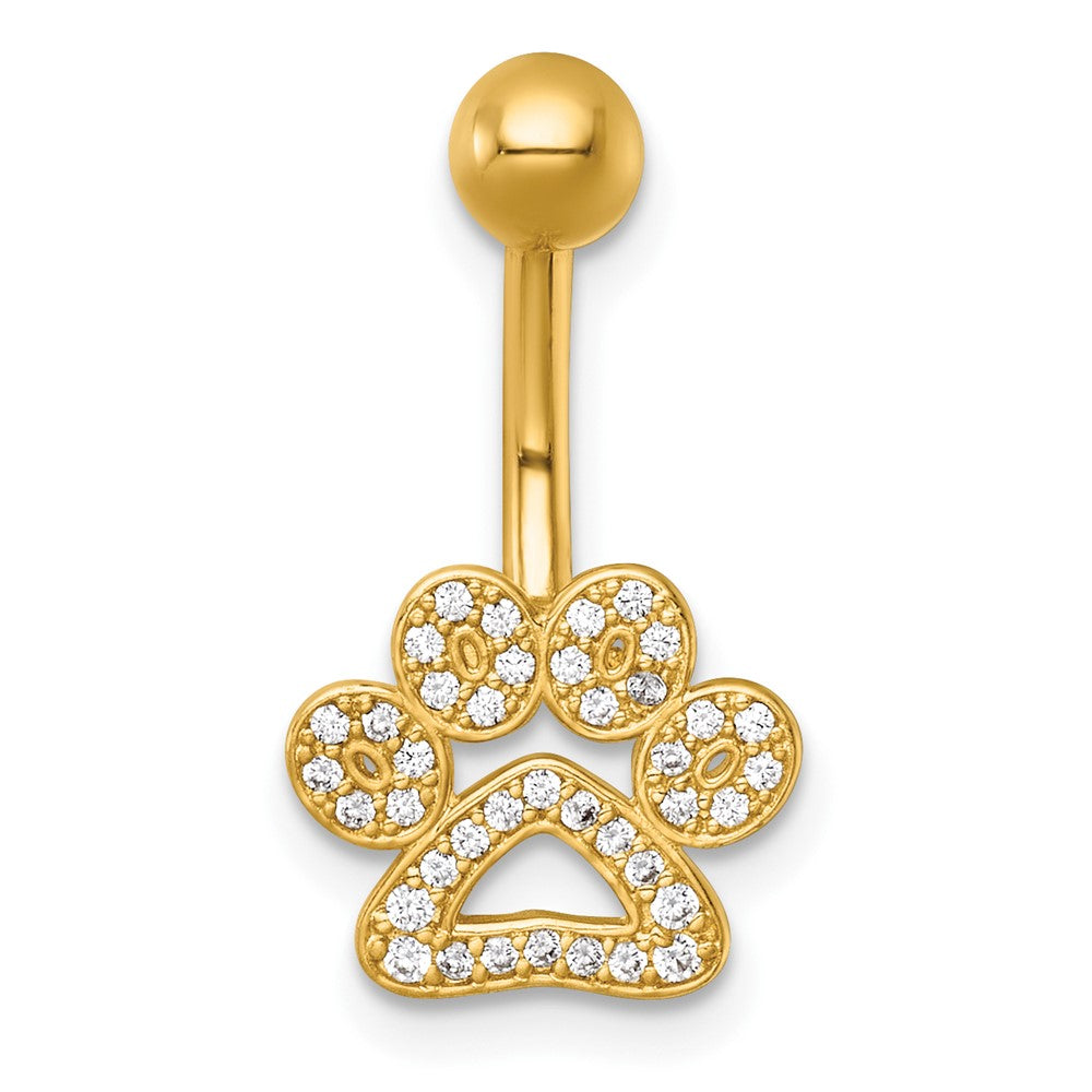 14K Yellow Gold Polished CZ Pawprint Navel Ring
