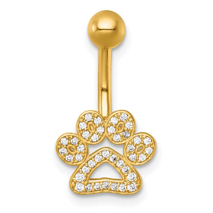 14K Yellow Gold Polished CZ Pawprint Navel Ring