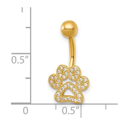 14K Yellow Gold Polished CZ Pawprint Navel Ring