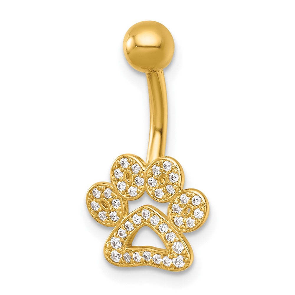 14K Yellow Gold Polished CZ Pawprint Navel Ring