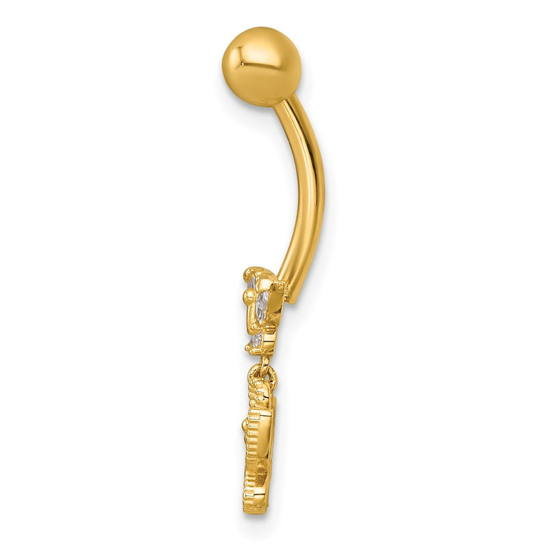 14K Yellow Gold Polished and Beaded CZ Dangling Butterfly Navel Ring