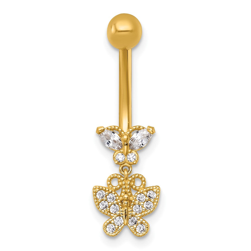 14K Yellow Gold Polished and Beaded CZ Dangling Butterfly Navel Ring