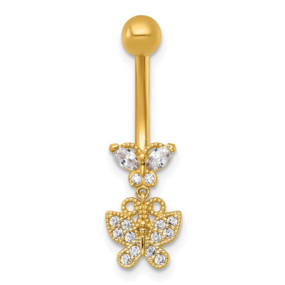 14K Yellow Gold Polished and Beaded CZ Dangling Butterfly Navel Ring