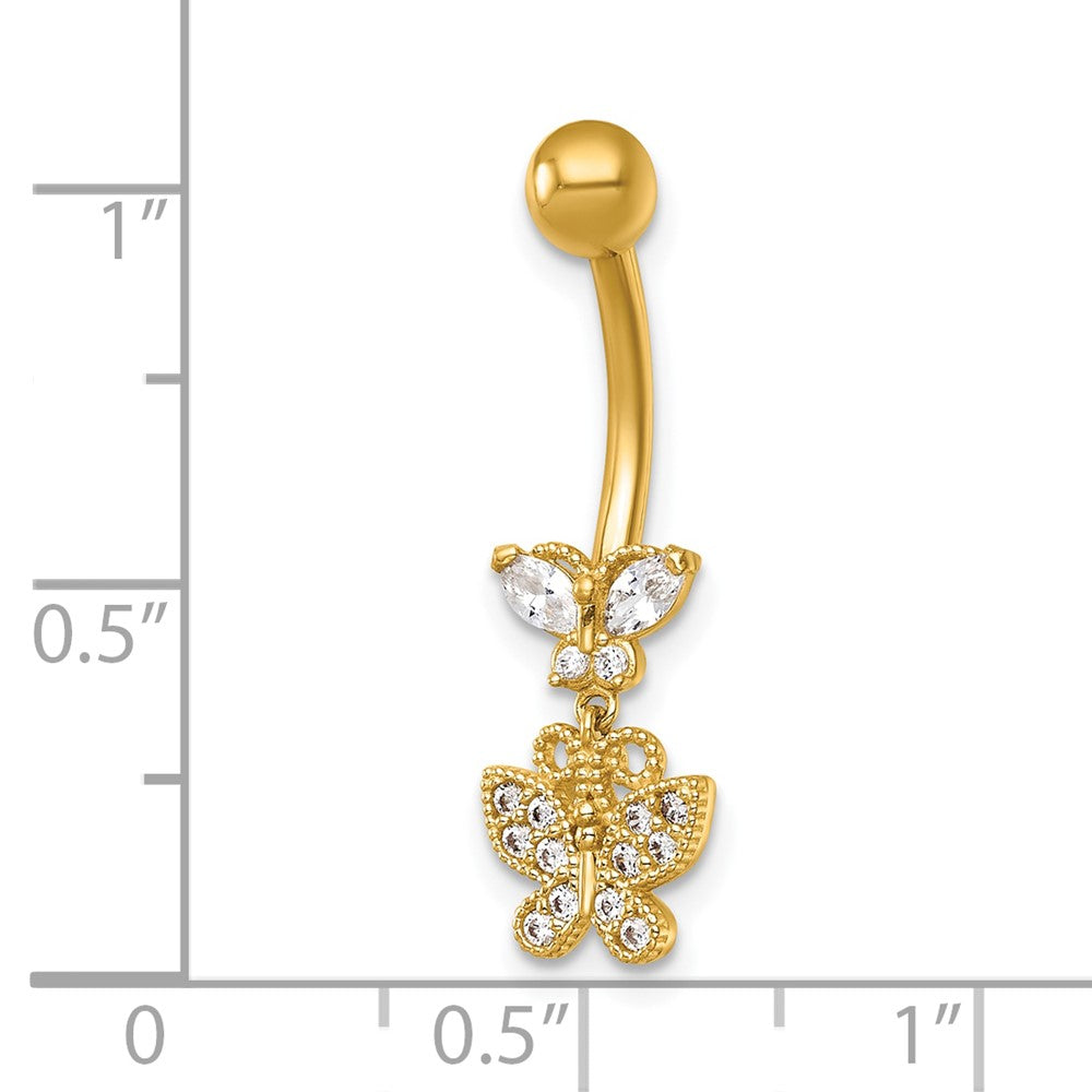 14K Yellow Gold Polished and Beaded CZ Dangling Butterfly Navel Ring