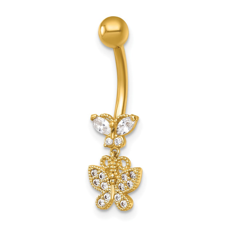 14K Yellow Gold Polished and Beaded CZ Dangling Butterfly Navel Ring