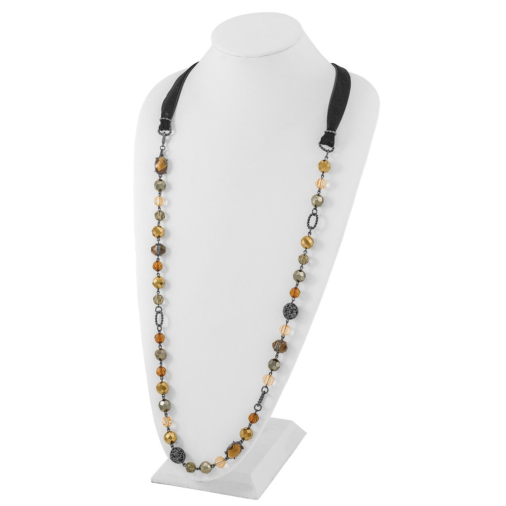 Fashion 1928 Jewelry Black-Plated Textured And Faceted Multicolor Glass Beads In Brown Hematite Shades 42 Inch Black Velour Cord Necklace