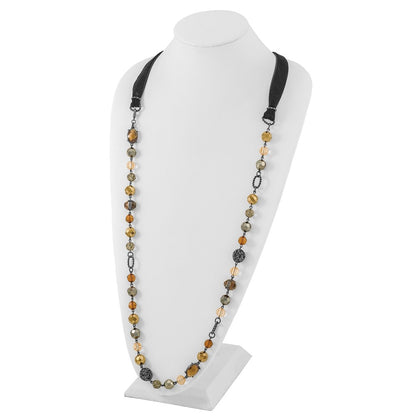 Fashion 1928 Jewelry Black-Plated Textured And Faceted Multicolor Glass Beads In Brown Hematite Shades 42 Inch Black Velour Cord Necklace