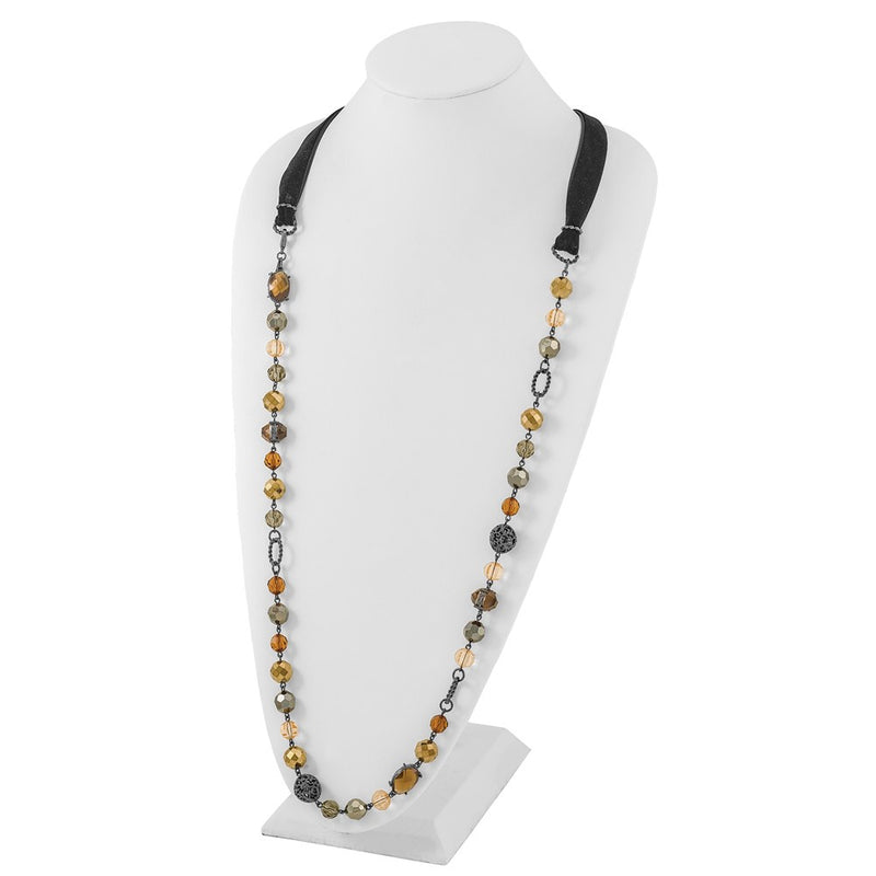 Fashion 1928 Jewelry Black-Plated Textured And Faceted Multicolor Glass Beads In Brown Hematite Shades 42 Inch Black Velour Cord Necklace