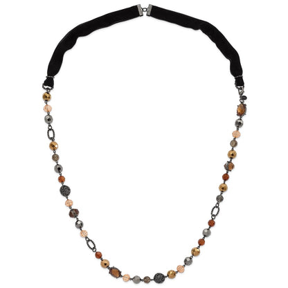 Fashion 1928 Jewelry Black-Plated Textured And Faceted Multicolor Glass Beads In Brown Hematite Shades 42 Inch Black Velour Cord Necklace