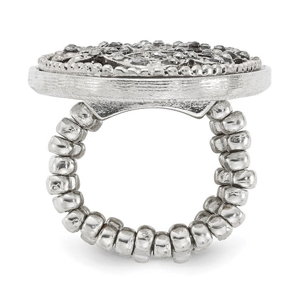 Fashion 1928 Silver-Tone Black Enamel And Crystal Vintage Vine Pattern Stretch Ring