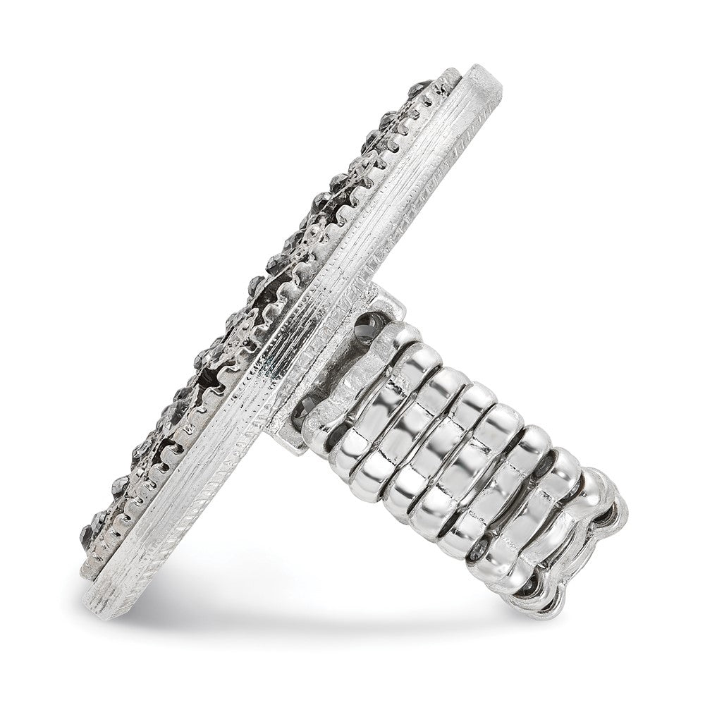 Fashion 1928 Silver-Tone Black Enamel And Crystal Vintage Vine Pattern Stretch Ring