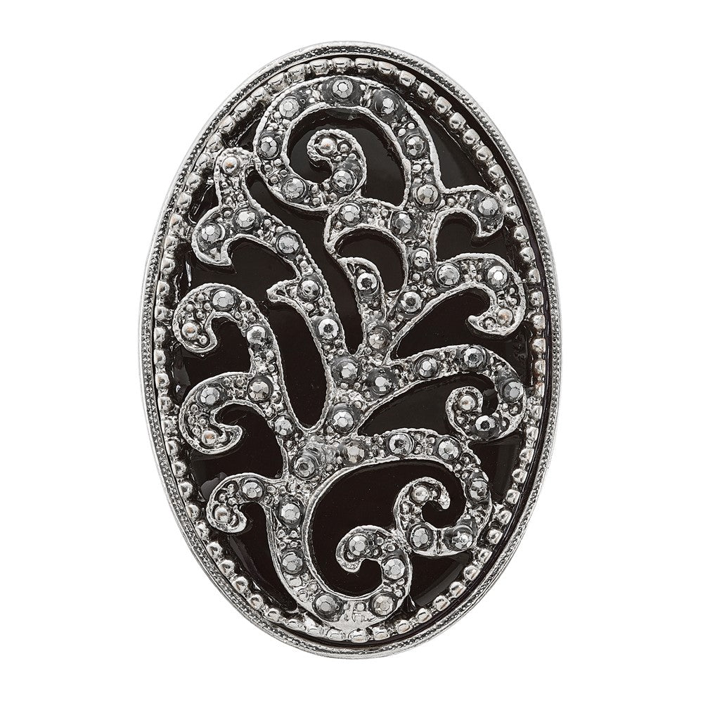 Fashion 1928 Silver-Tone Black Enamel And Crystal Vintage Vine Pattern Stretch Ring