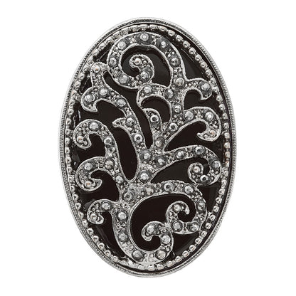 Fashion 1928 Silver-Tone Black Enamel And Crystal Vintage Vine Pattern Stretch Ring