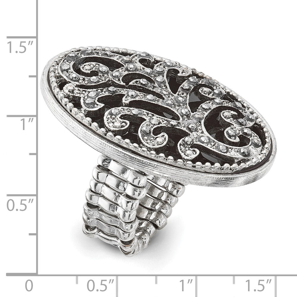 Fashion 1928 Silver-Tone Black Enamel And Crystal Vintage Vine Pattern Stretch Ring