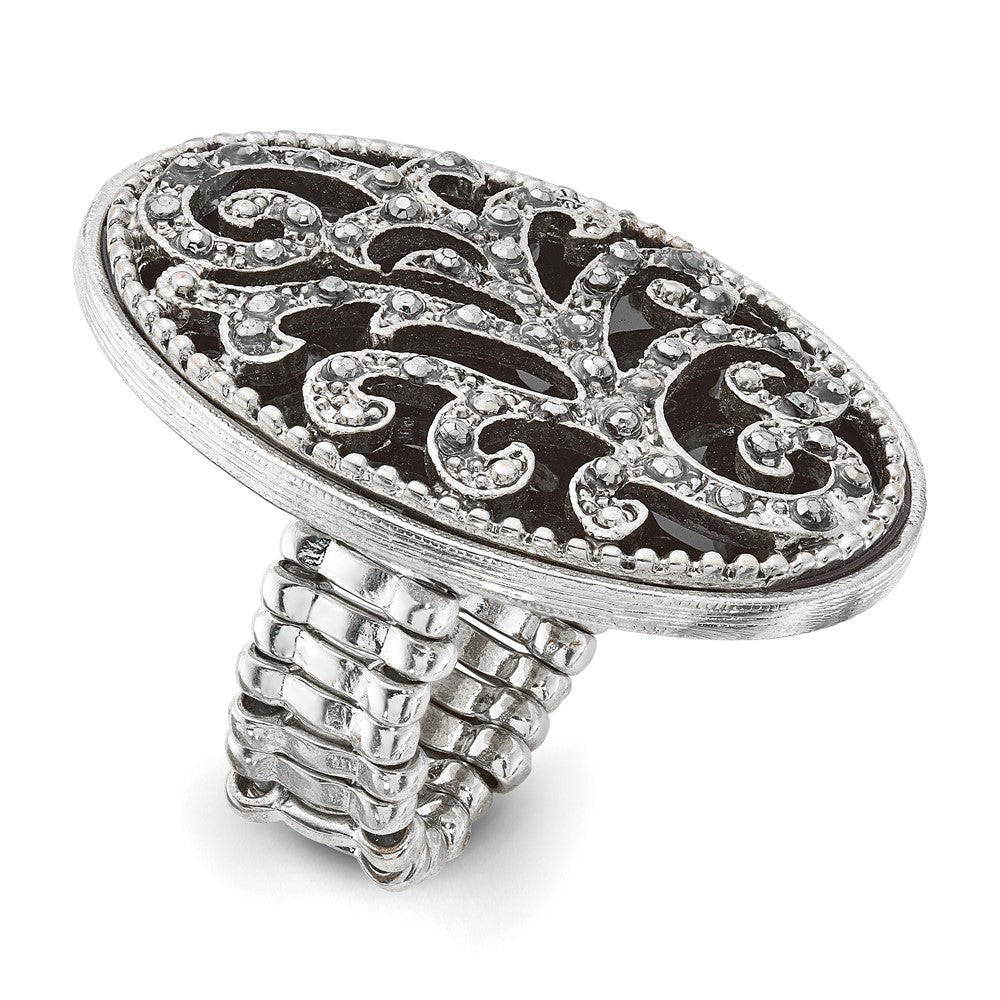 Fashion 1928 Silver-Tone Black Enamel And Crystal Vintage Vine Pattern Stretch Ring