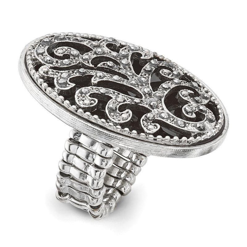Fashion 1928 Silver-Tone Black Enamel And Crystal Vintage Vine Pattern Stretch Ring